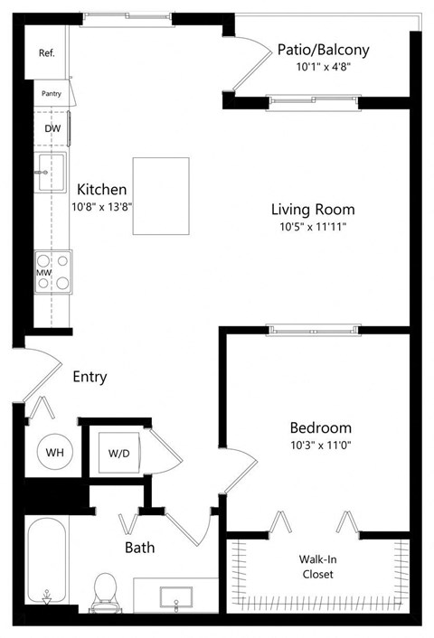 One Bedroom Floor Plan with 708 Sq. Ft. at Boca Vue Luxury Apartments in Boca Raton, FL
